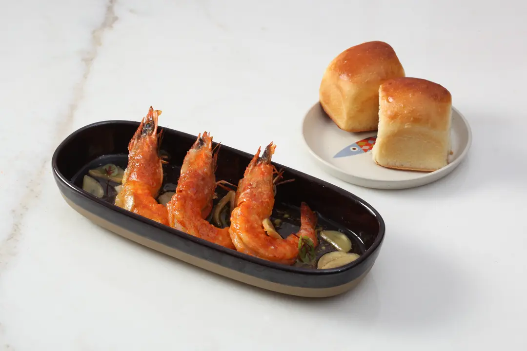 Gamba tigre, especia gunpowder, ghee