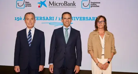  Juan Carlos Gallego, Jaume Masana y Cristina Gonz&aacute;lez, en el acto del 15&ordm; Aniversario de MicroBank. 
