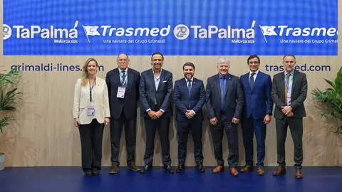De izquierda a derecha: Jana Peir&oacute;, directora de Pasaje y MK de Trasmed; Ettore Morace, CEO de Trasmed; Juan Miguel Ferrer, presidente de Restauraci&oacute; Mallorca Caeb; Javier Bonet, regidor de Turismo, Cultura y Deportes del Ayuntamiento de Palma; Marcial Rodr&iacute;guez, conseller ejecutivo de Turismo del Consell de Mallorca; Miguel Pardo, director de Relaciones Institucionales del Grupo Grimaldi en Espa&ntilde;a, y Antoni Martorell, director general de AgenciaCom. (Trasmed)