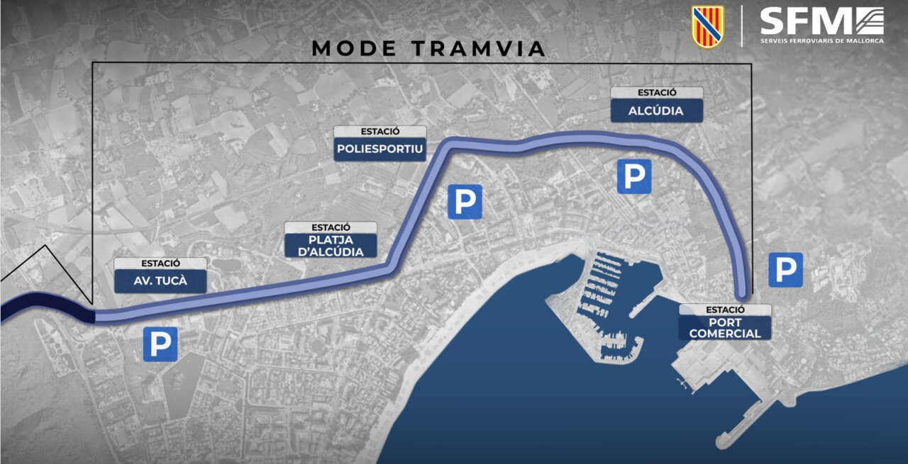 Este es el recorrido completo del tren en Alcudia tomando el modo tranvia.